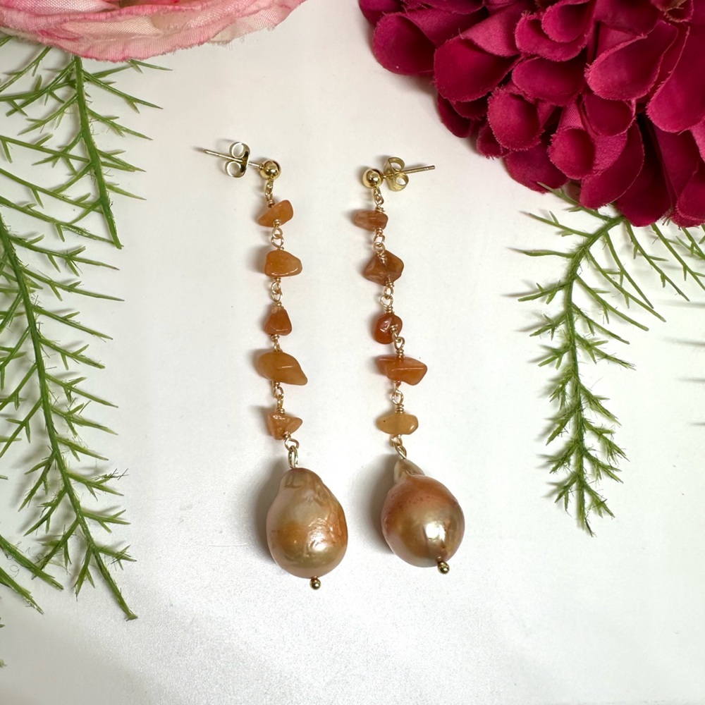 NEW⚜️Carnelian Baroque Pearl Handmade Earrings - Picture 6 of 6